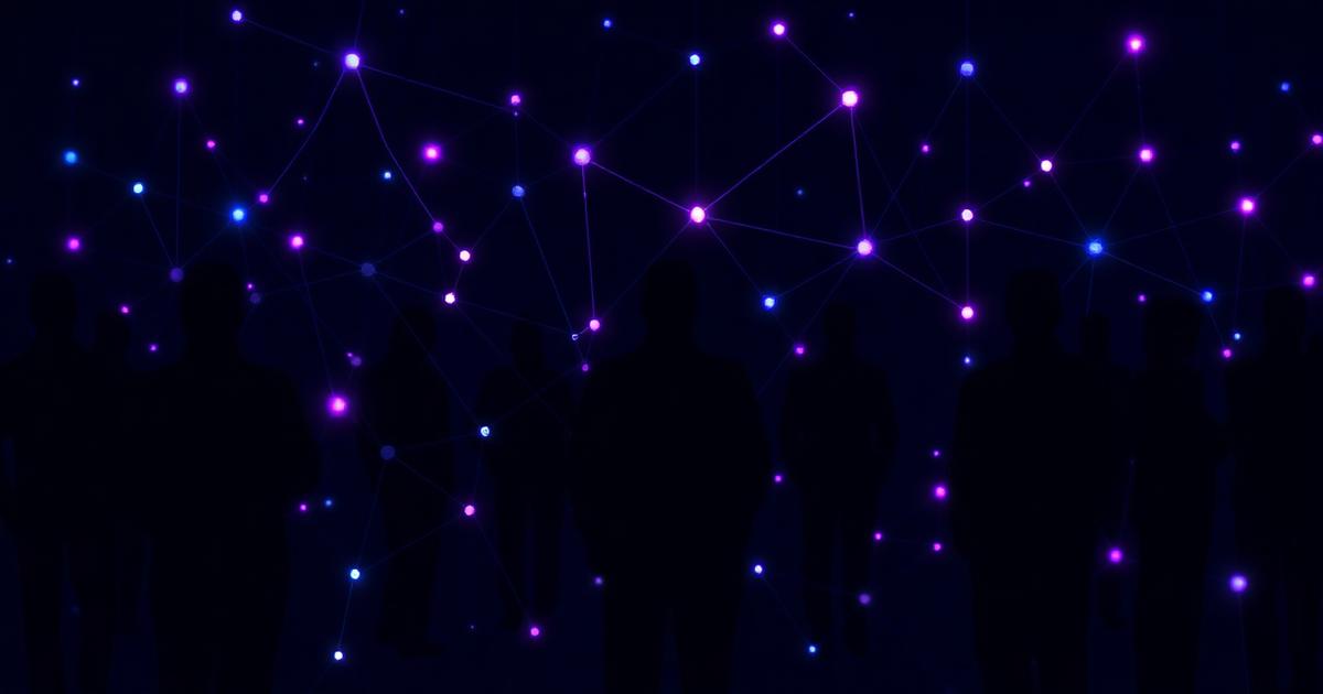 Dunkle Silhouetten von Personen, verknüpft durch ein leuchtendes Netzwerk aus Knoten und Linien